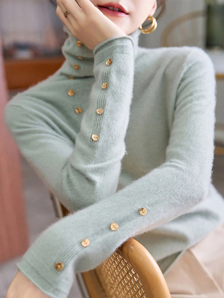 Vintage Buttoned Turtleneck Knitted Sweater - Blue