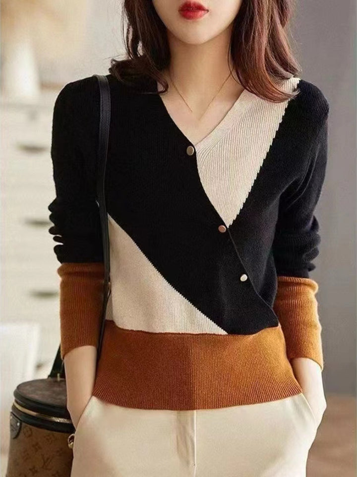 V-neck Contrasted Knitted Cardigan -Black