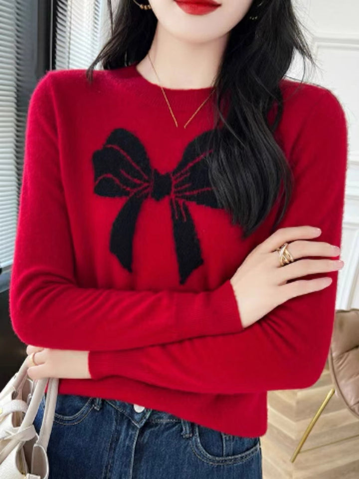 Loose Crew Neck Bow Jacquard Knitted Top